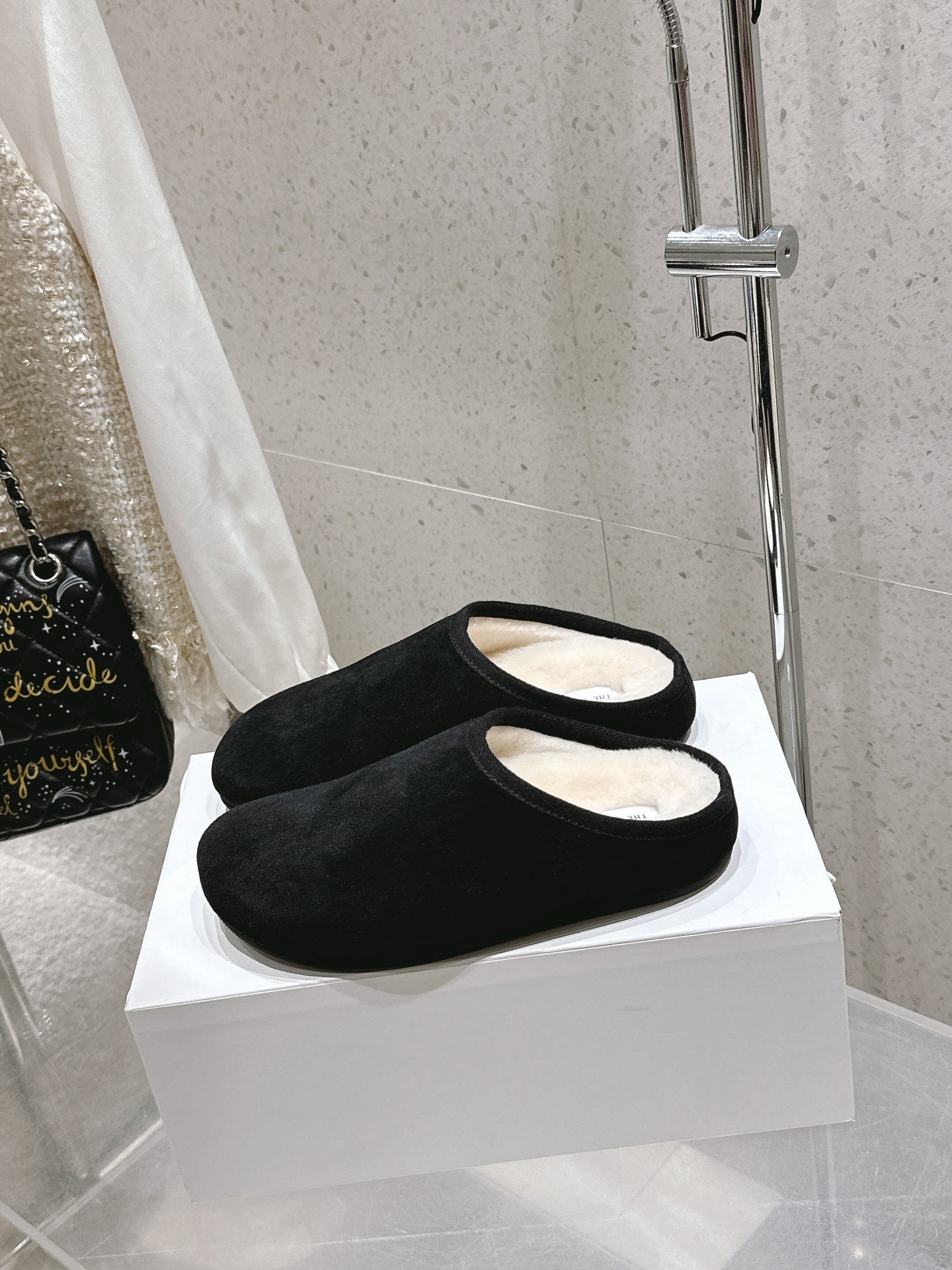 The Row Slipper Black White Cowhide Wool 402119