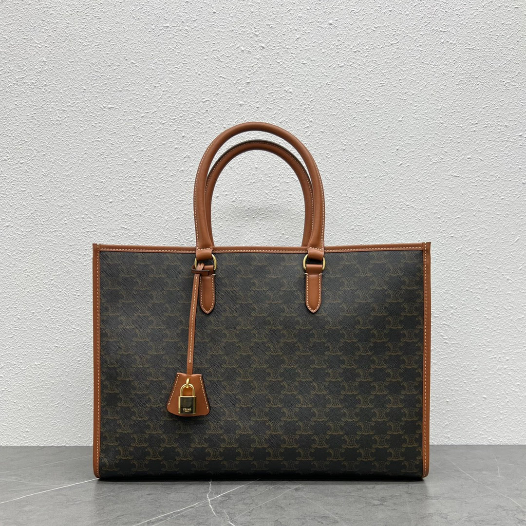 Celine 2026 Horizontal Cabas 43cm Black Brown Triomphe Canvas Calfskin