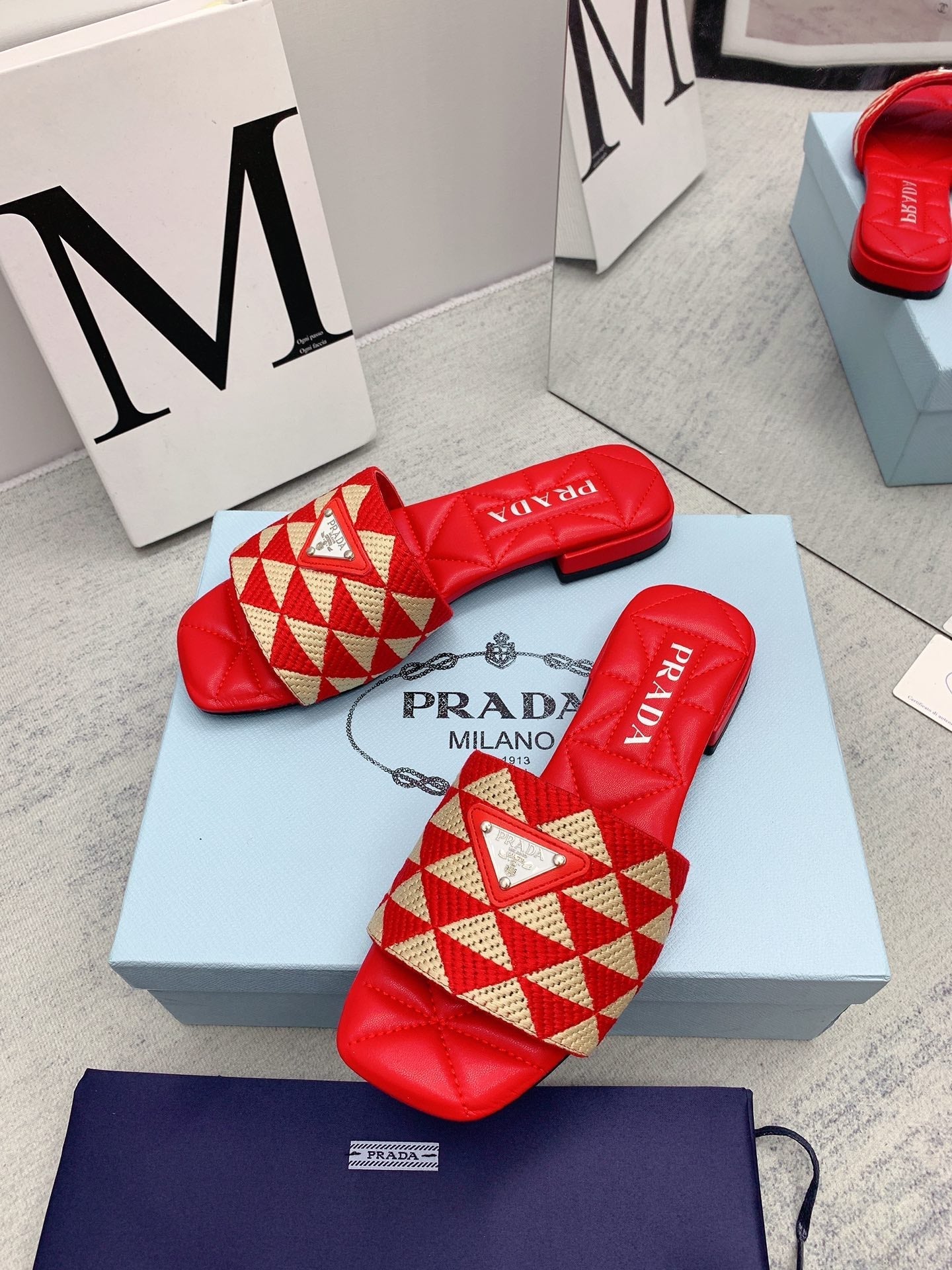 Prada 2026 Slippers Embroidery Fabric Sheepskin 731070