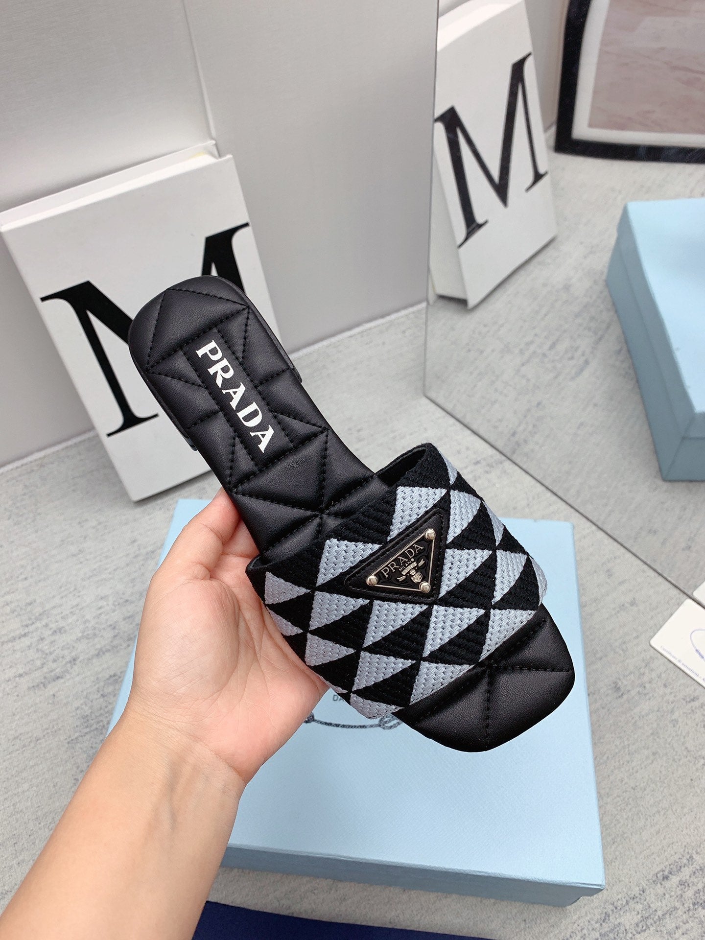 Prada 2026 Slippers Embroidery Fabric Sheepskin 731070