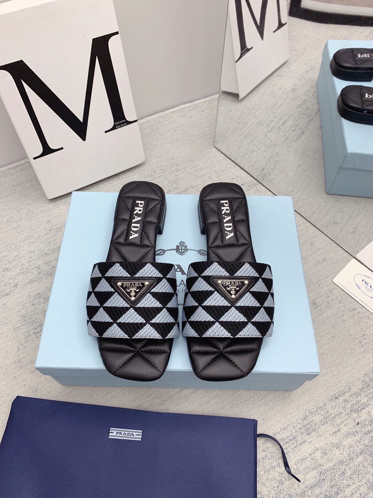 Prada 2026 Slippers Embroidery Fabric Sheepskin 731070