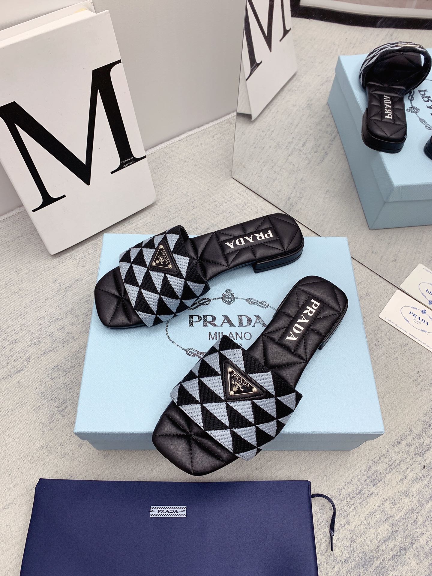Prada 2026 Slippers Embroidery Fabric Sheepskin 731070