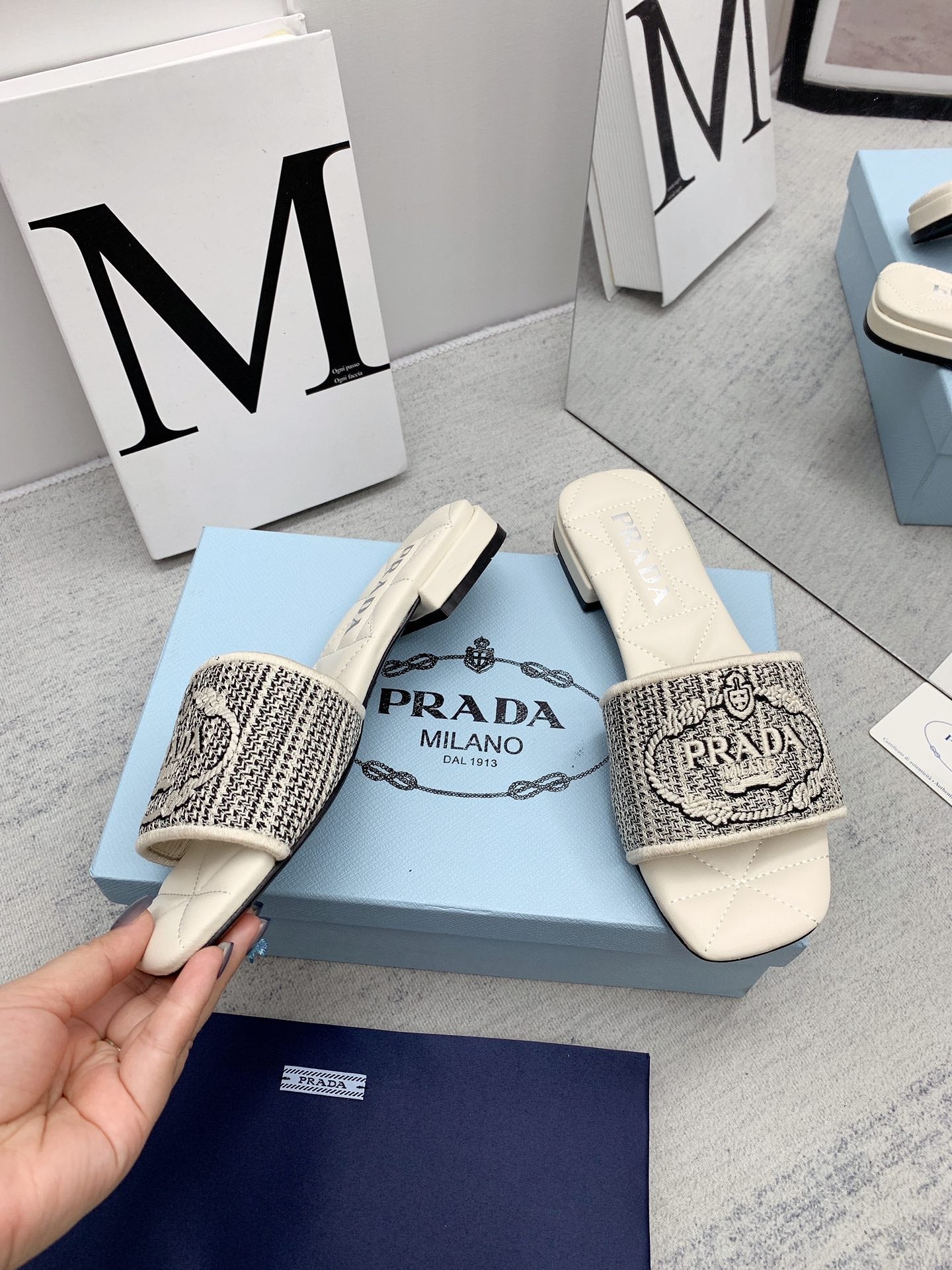 Prada 2026 Slippers Embroidery Canvas Sheepskin 731065