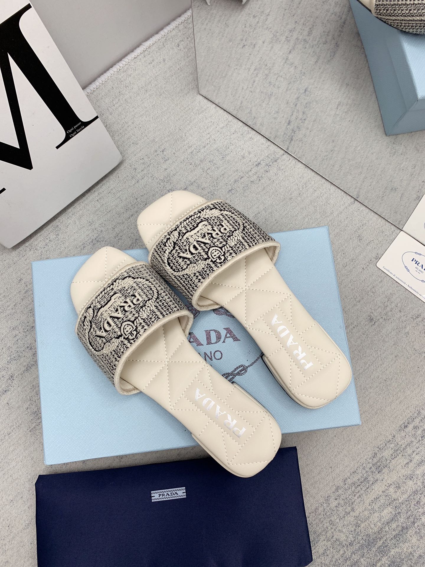 Prada 2026 Slippers Embroidery Canvas Sheepskin 731065