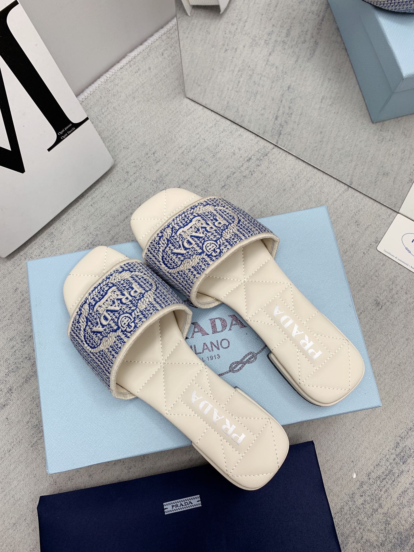 Prada 2026 Slippers Embroidery Canvas Sheepskin 731065