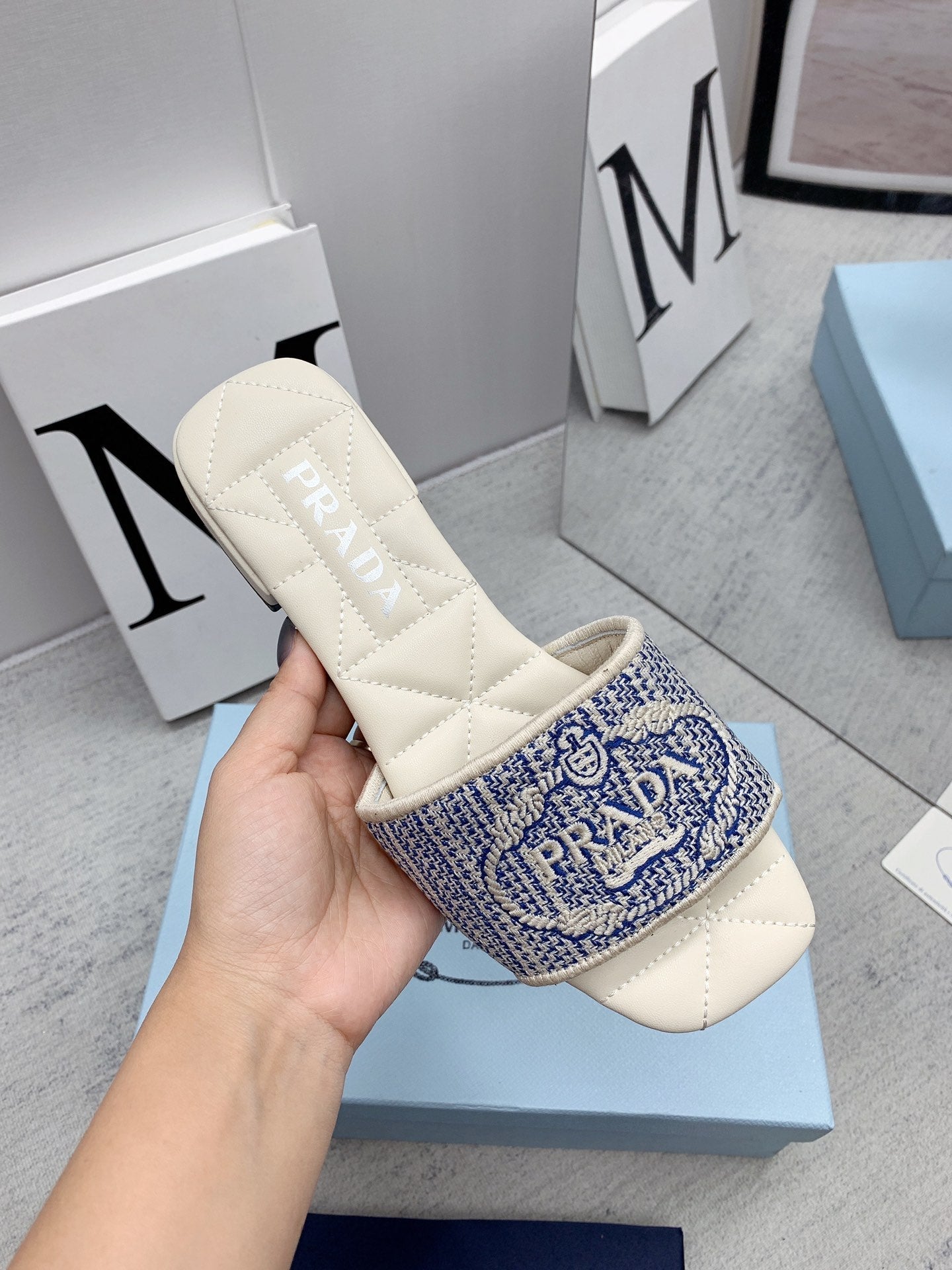 Prada 2026 Slippers Embroidery Canvas Sheepskin 731065