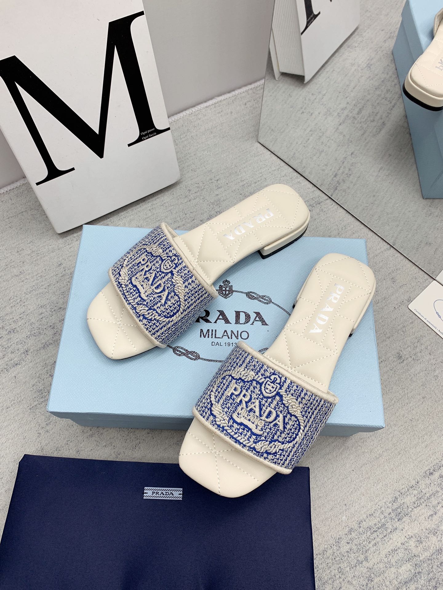 Prada 2026 Slippers Embroidery Canvas Sheepskin 731065