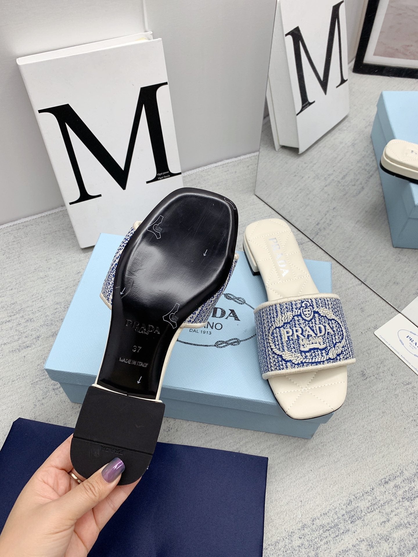 Prada 2026 Slippers Embroidery Canvas Sheepskin 731065