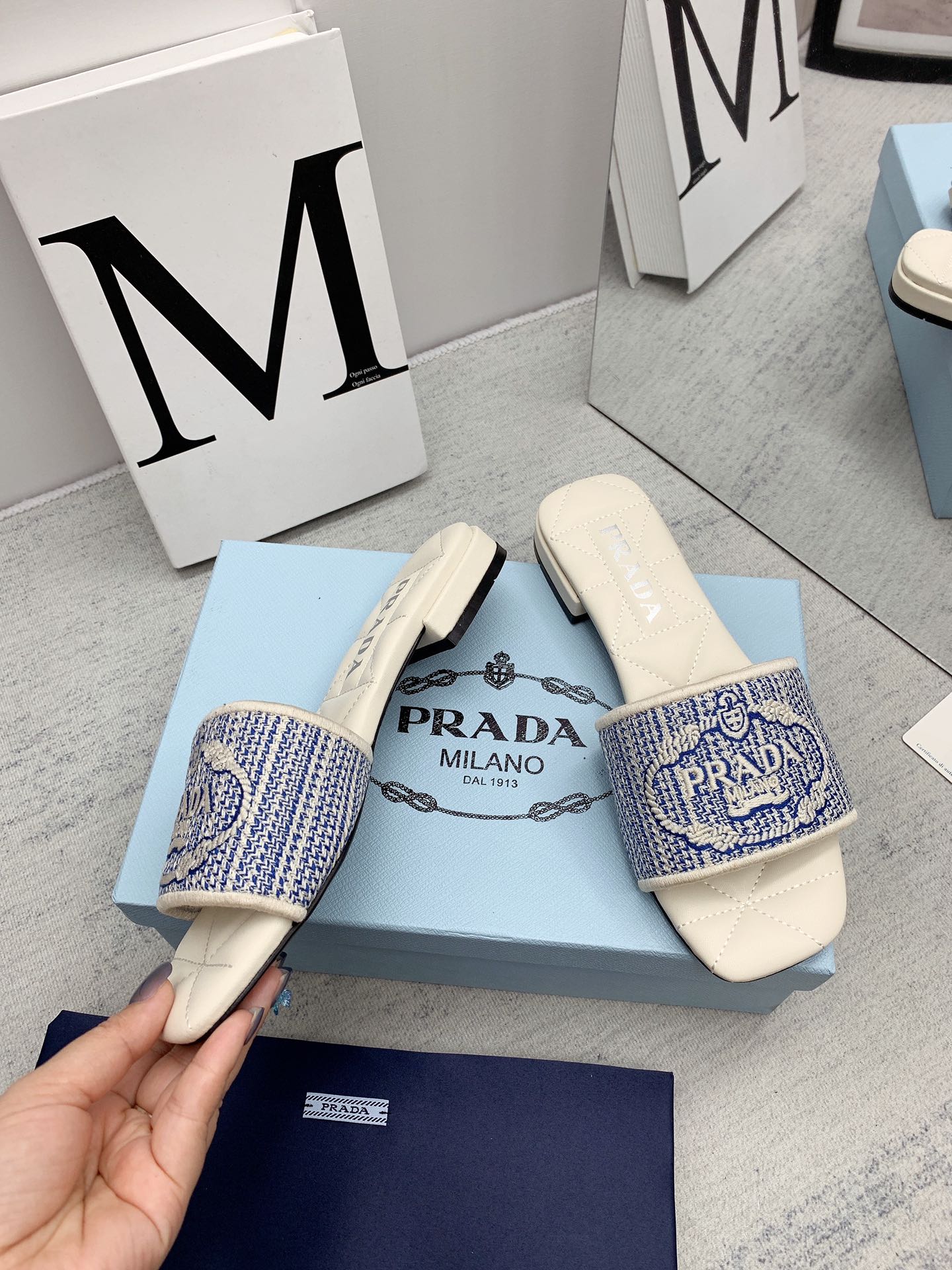 Prada 2026 Slippers Embroidery Canvas Sheepskin 731065