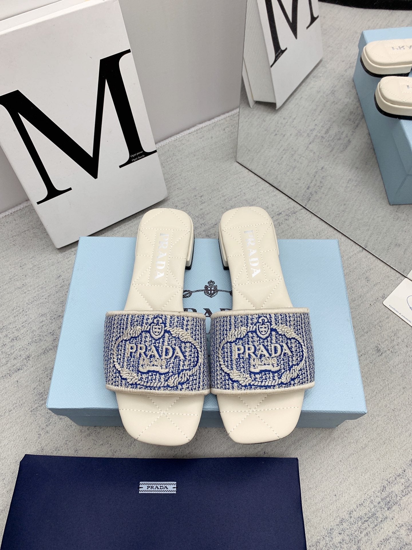 Prada 2026 Slippers Embroidery Canvas Sheepskin 731065