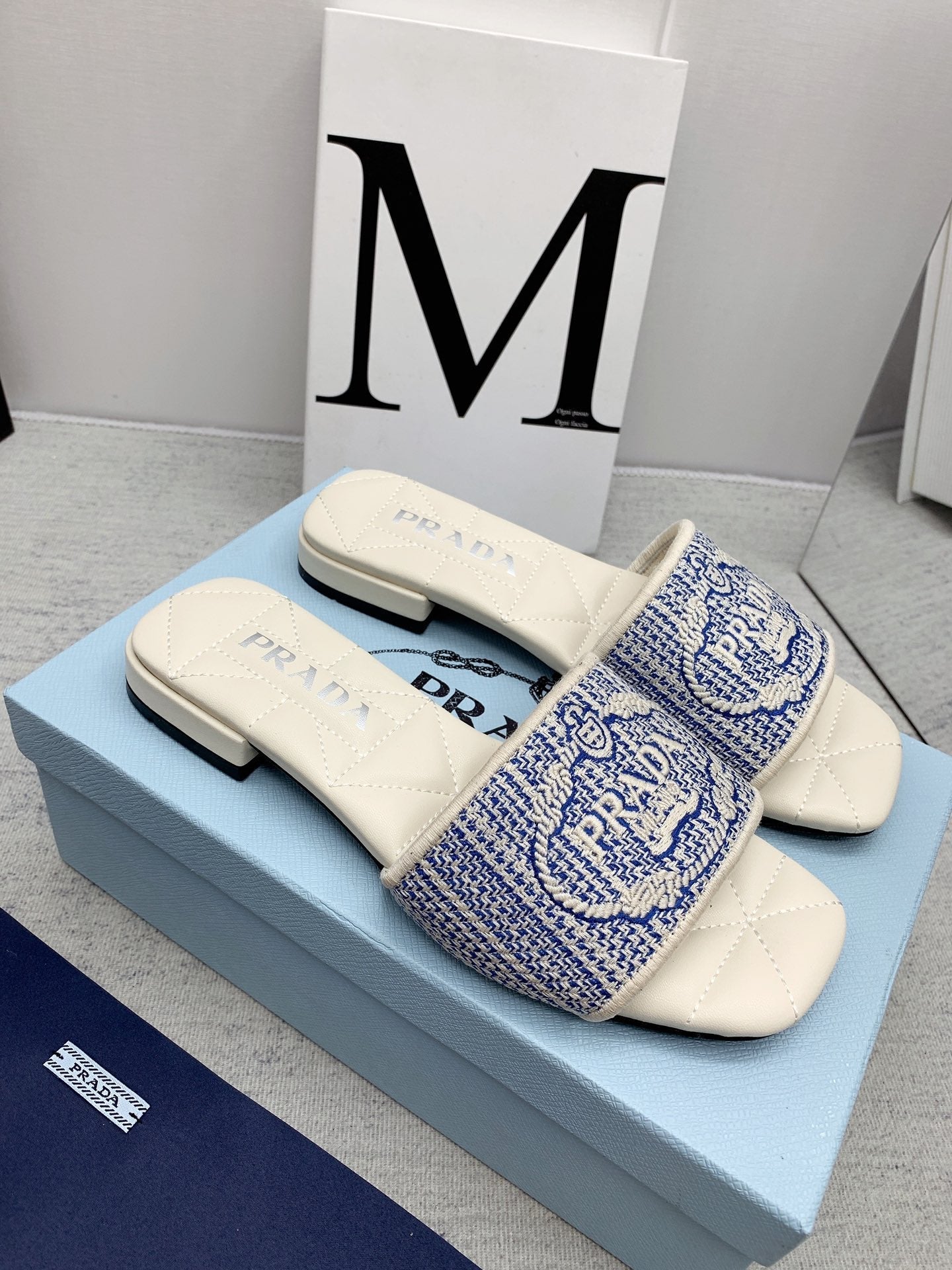 Prada 2026 Slippers Embroidery Canvas Sheepskin 731065