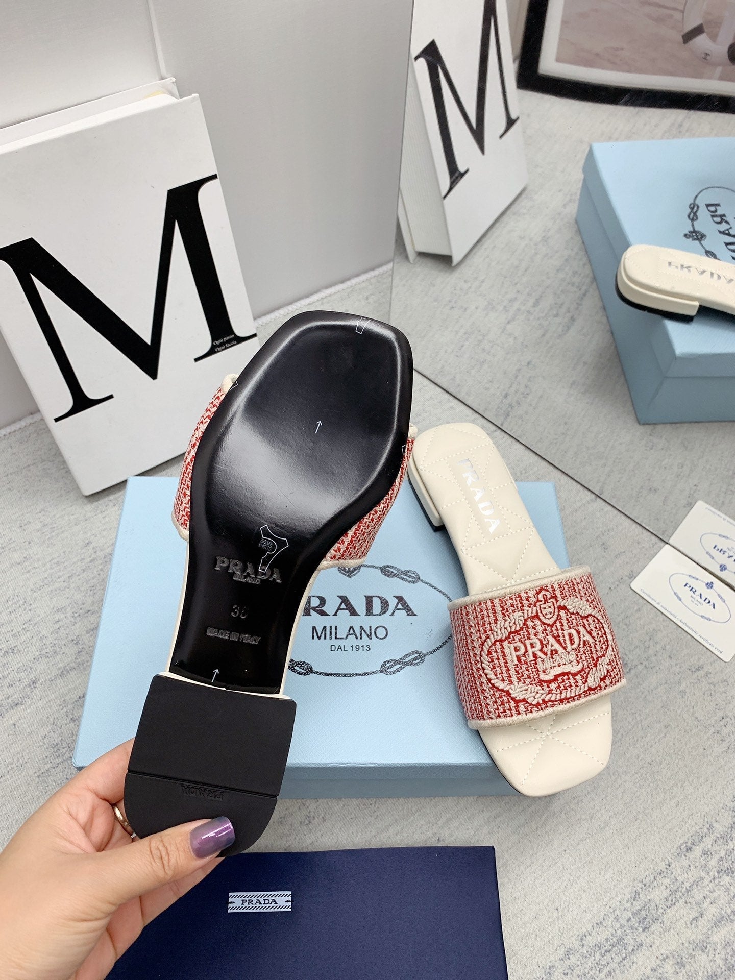 Prada 2026 Slippers Embroidery Canvas Sheepskin 731065