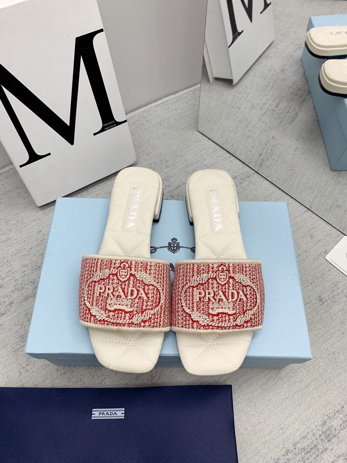 Prada 2026 Slippers Embroidery Canvas Sheepskin 731065
