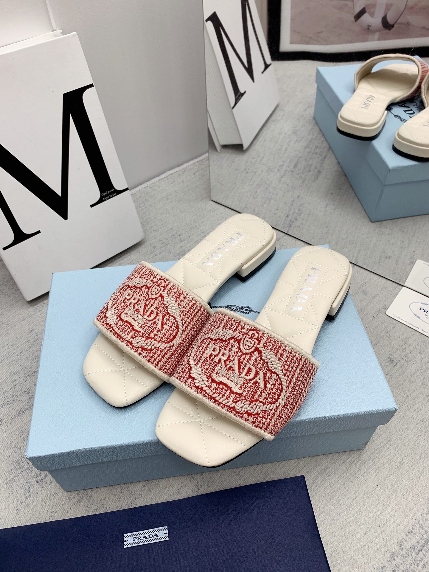 Prada 2026 Slippers Embroidery Canvas Sheepskin 731065