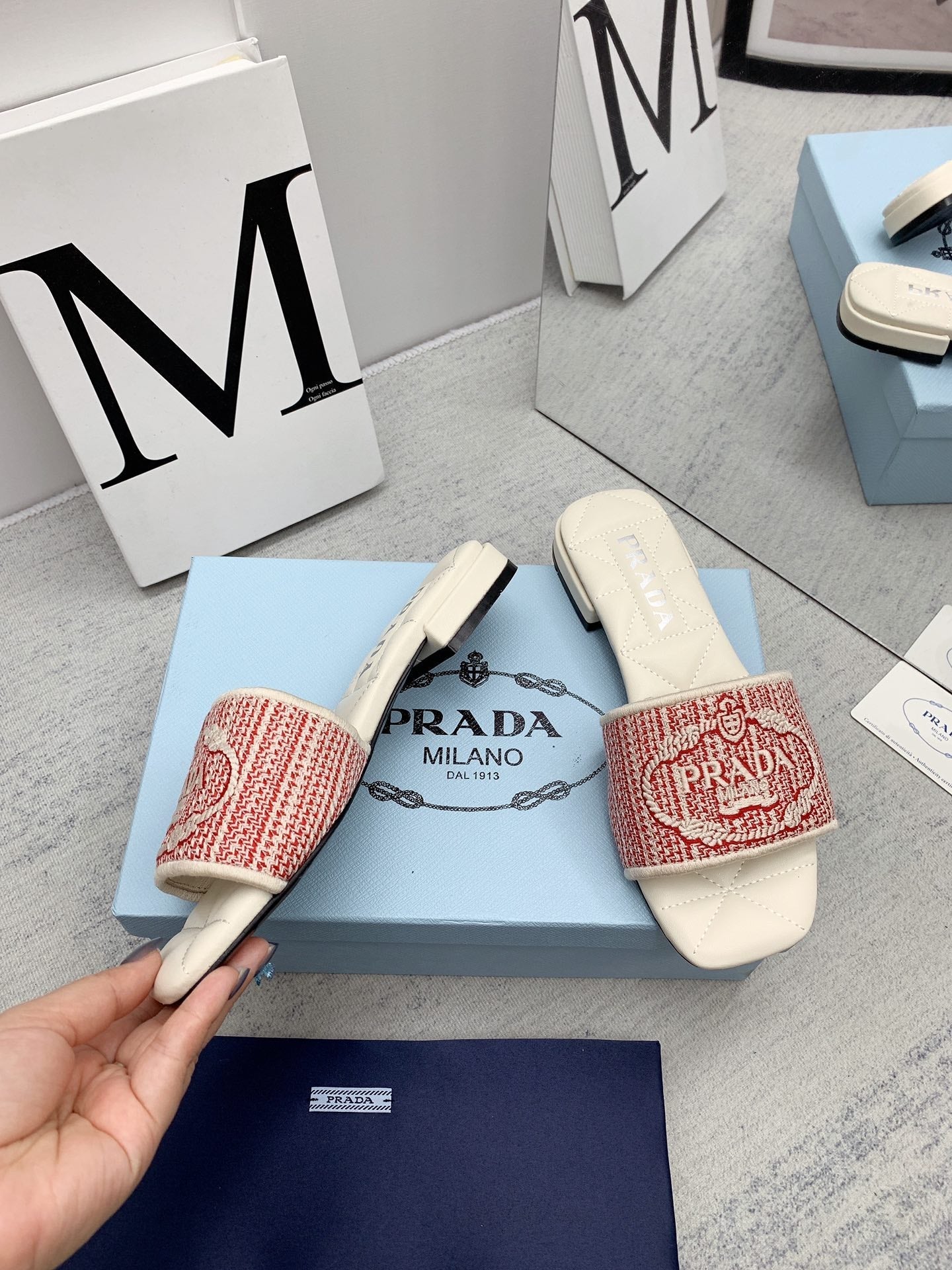 Prada 2026 Slippers Embroidery Canvas Sheepskin 731065