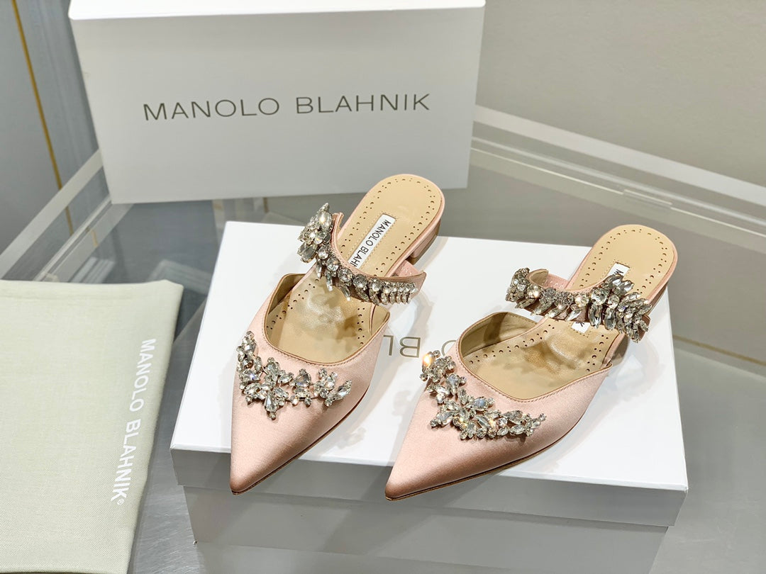Manolo Flats Mules Crystal Pink Nude Silk Satin 327468