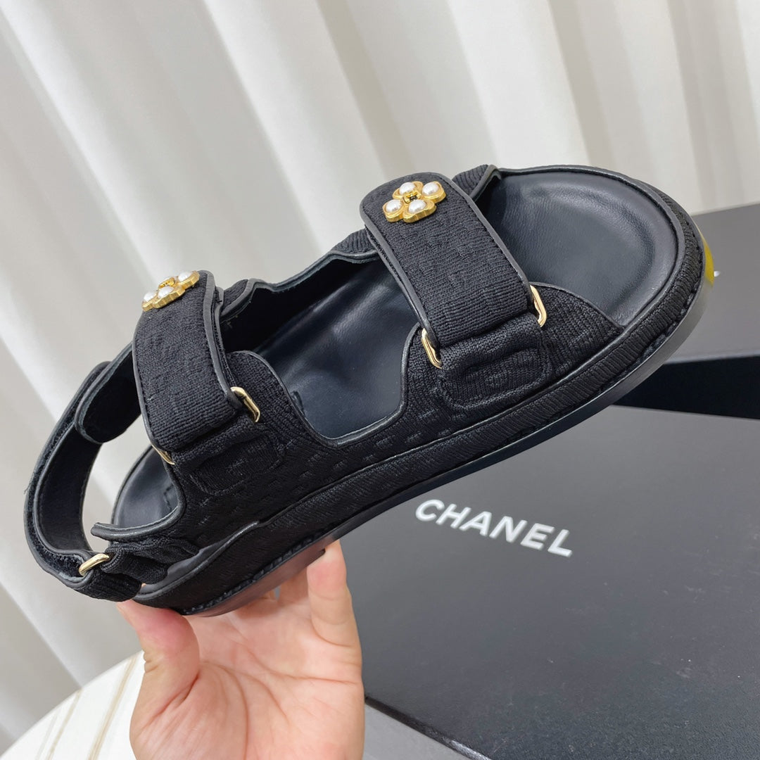Chanel 2026 Flower Gold Logo Sandals Patent Leather Cowhide 828666