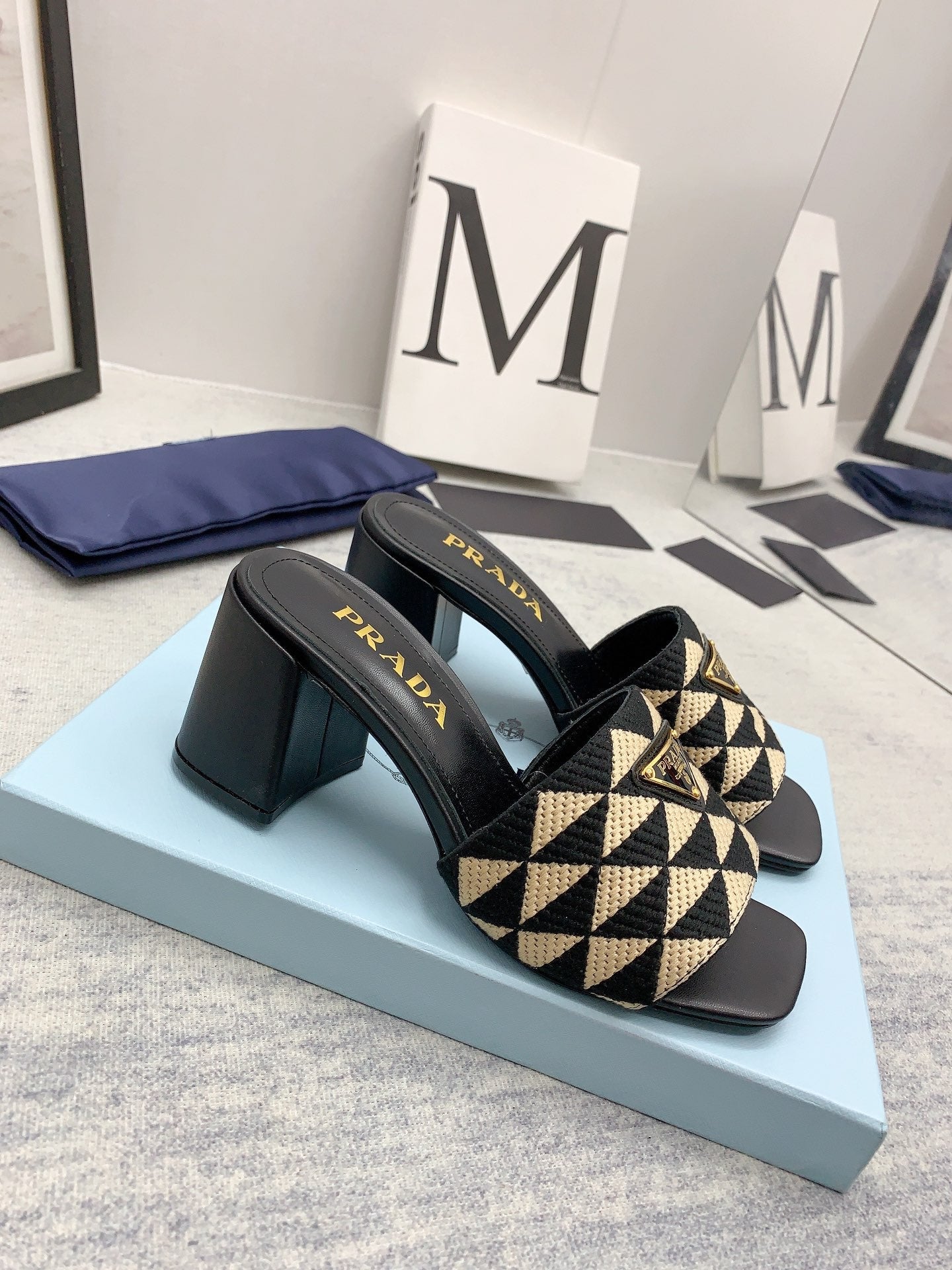 Prada 2026 High Heel Slippers 65 Embroidery Fabric Sheepskin