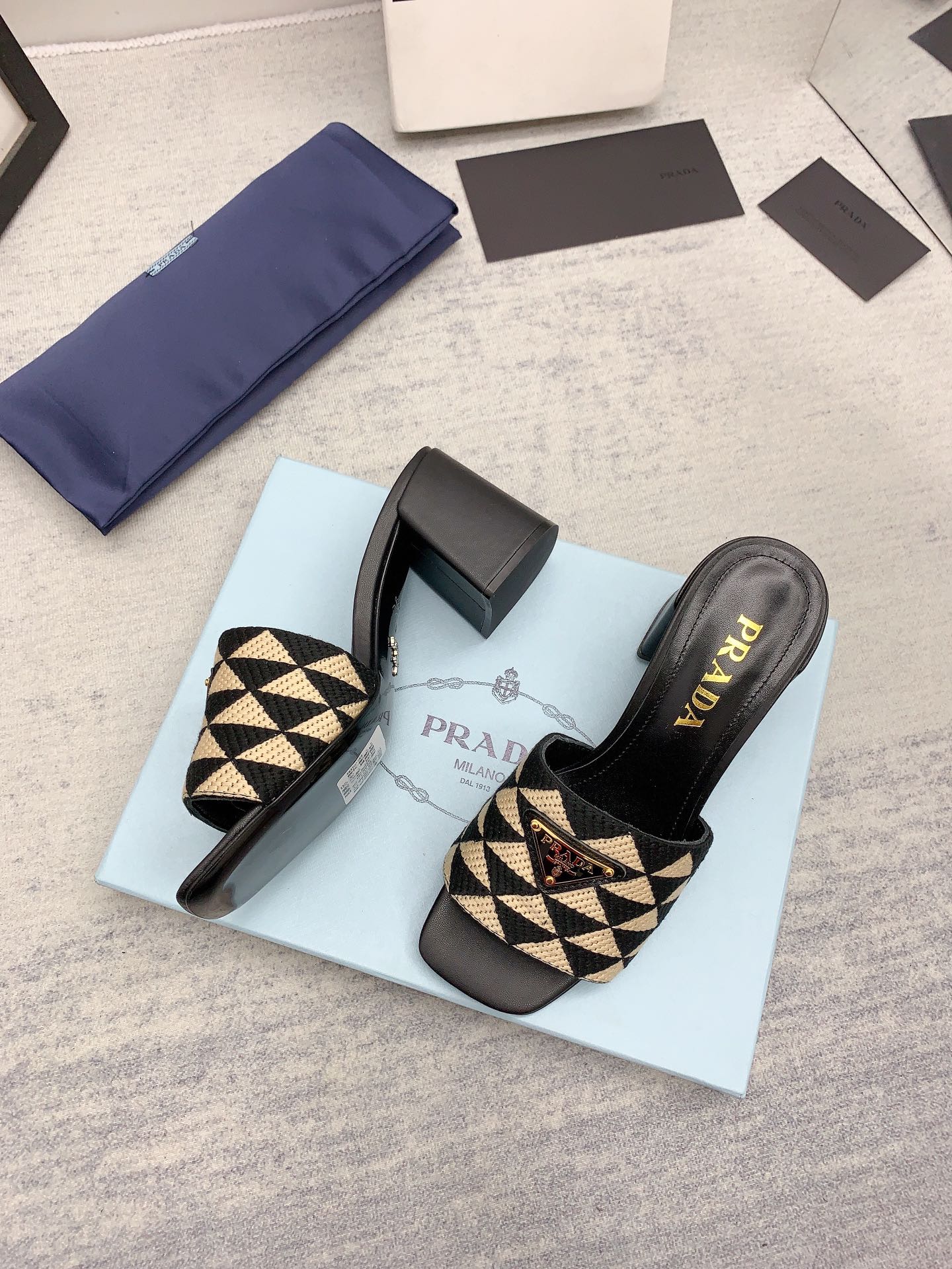 Prada 2026 High Heel Slippers 65 Embroidery Fabric Sheepskin