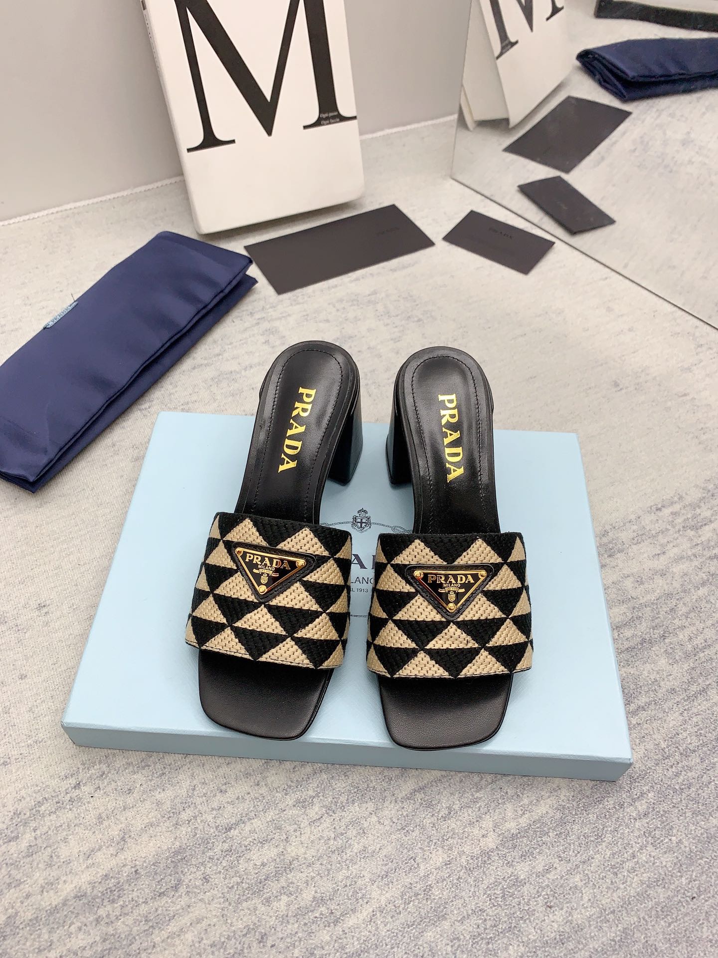 Prada 2026 High Heel Slippers 65 Embroidery Fabric Sheepskin
