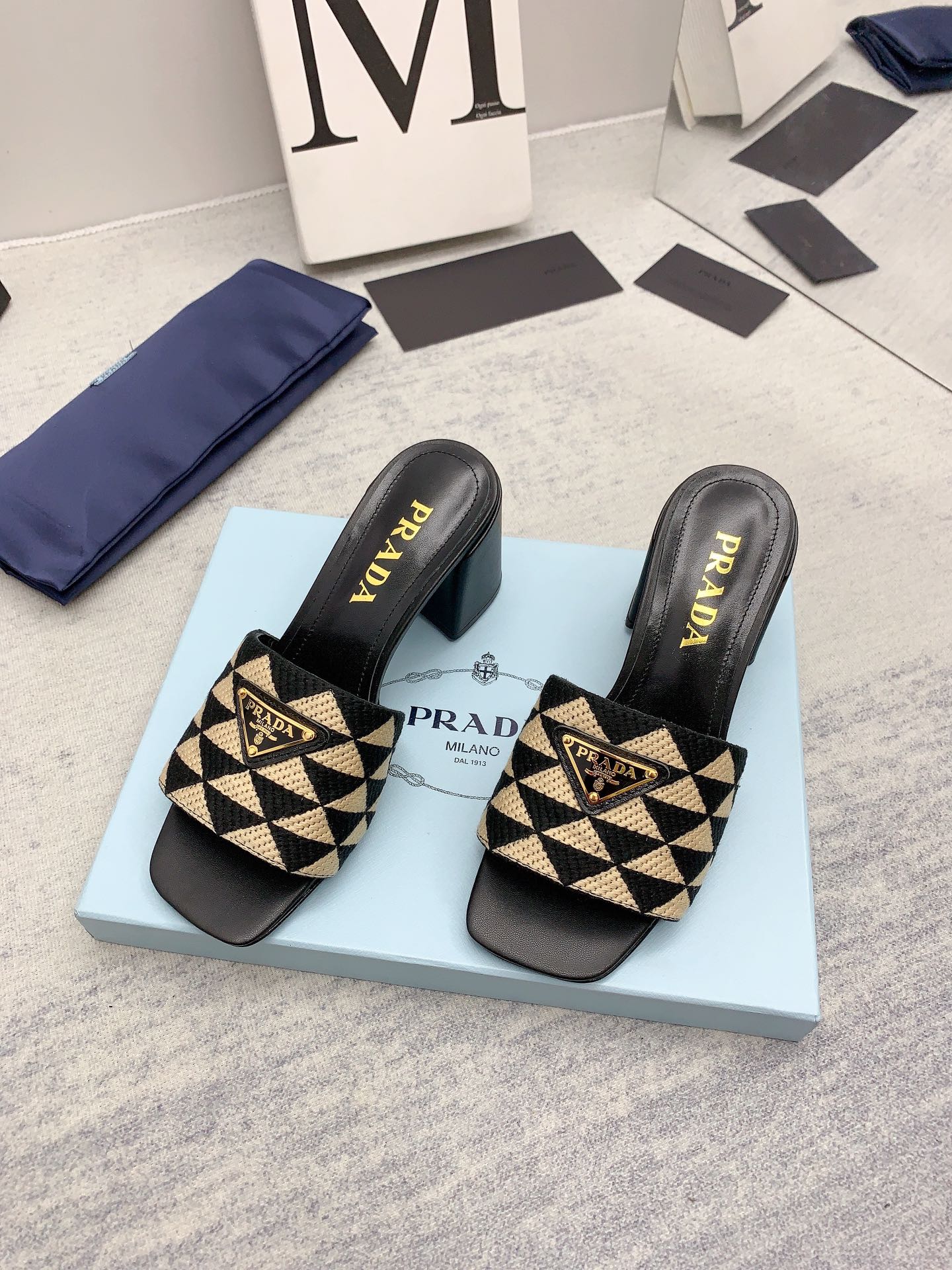 Prada 2026 High Heel Slippers 65 Embroidery Fabric Sheepskin
