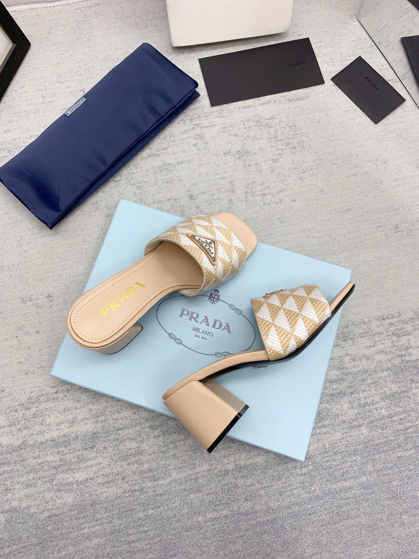 Prada 2026 High Heel Slippers 65 Embroidery Fabric Sheepskin