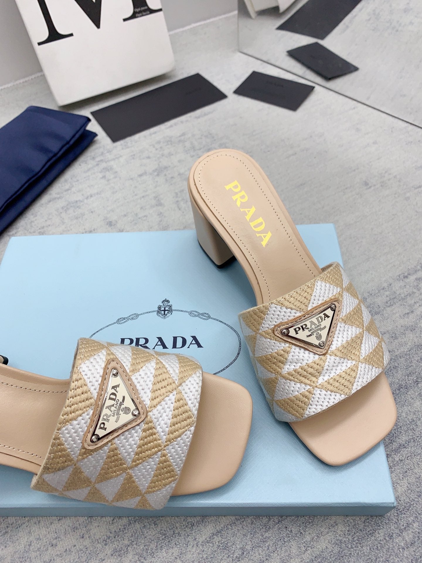 Prada 2026 High Heel Slippers 65 Embroidery Fabric Sheepskin