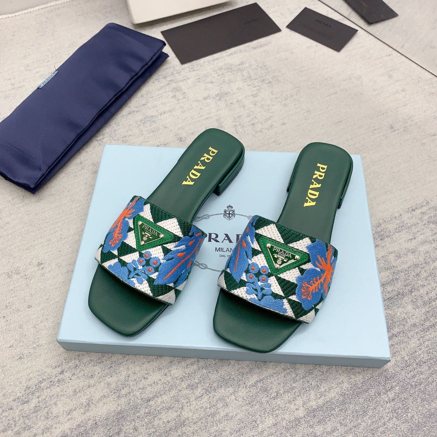 Prada 2026 Slippers Green Blue Embroidery Fabric Sheepskin