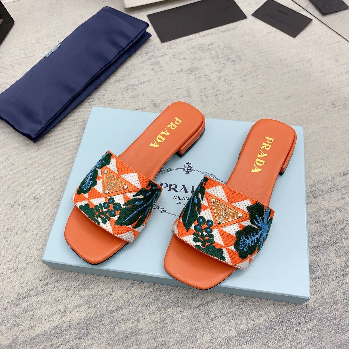 Prada 2026 Slippers Orange Dark Green Embroidery Fabric Sheepskin
