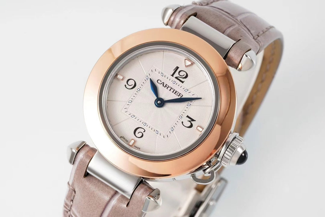 pasha 30mm quartz pink gold white dial light brown leather