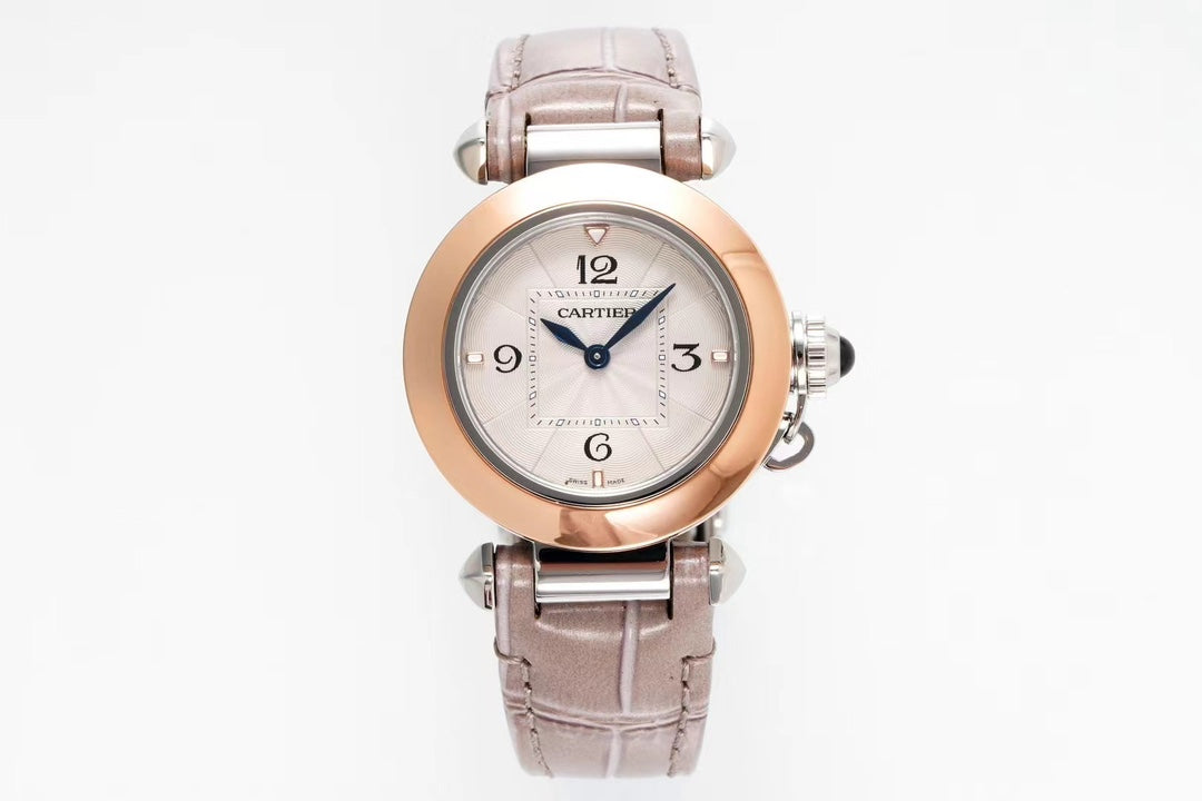 pasha 30mm quartz pink gold white dial light brown leather