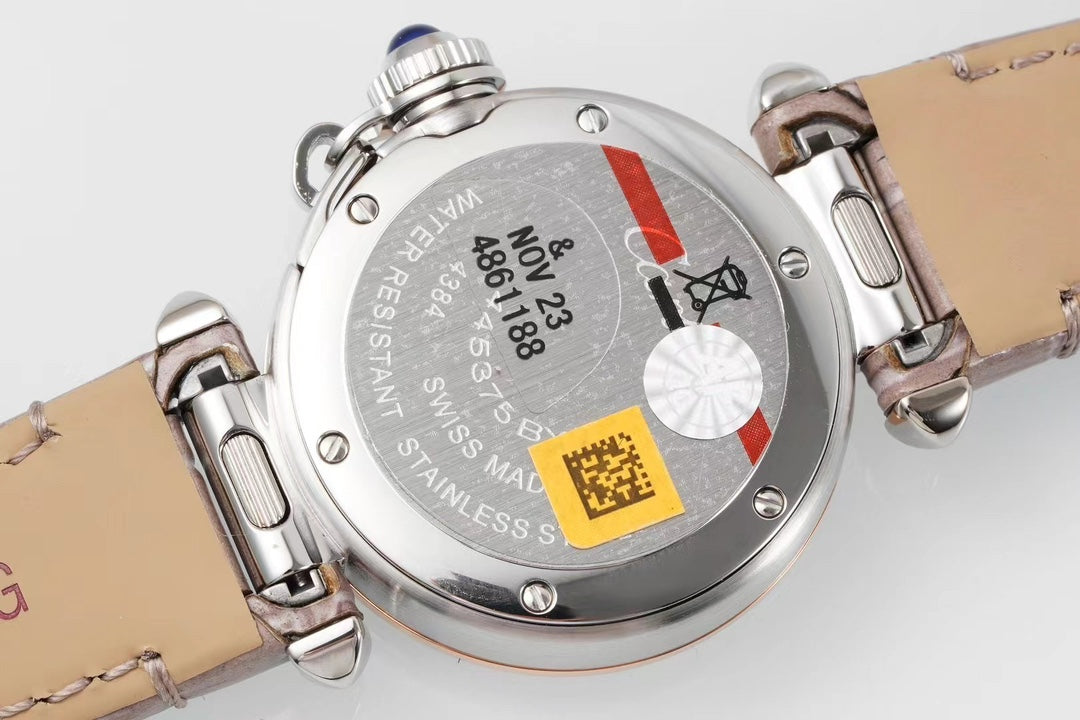 pasha 30mm quartz pink gold white dial light brown leather