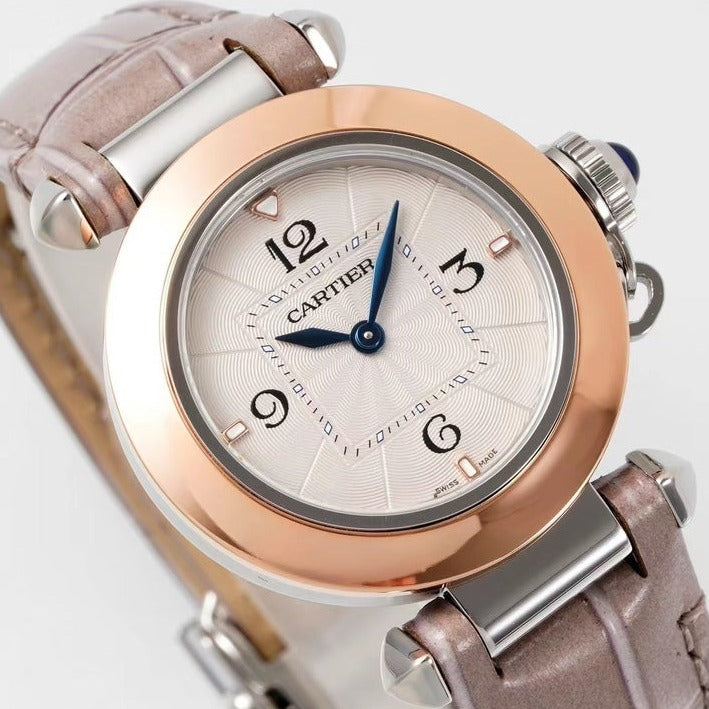 pasha 30mm quartz pink gold white dial light brown leather