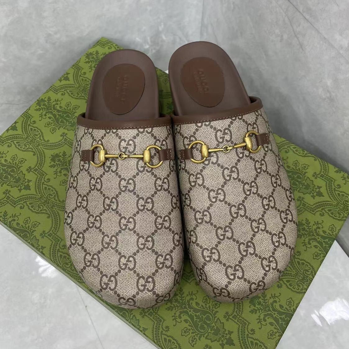 GC 25 Gold Horsebit Mule Beige Ebony Monogram Canvas