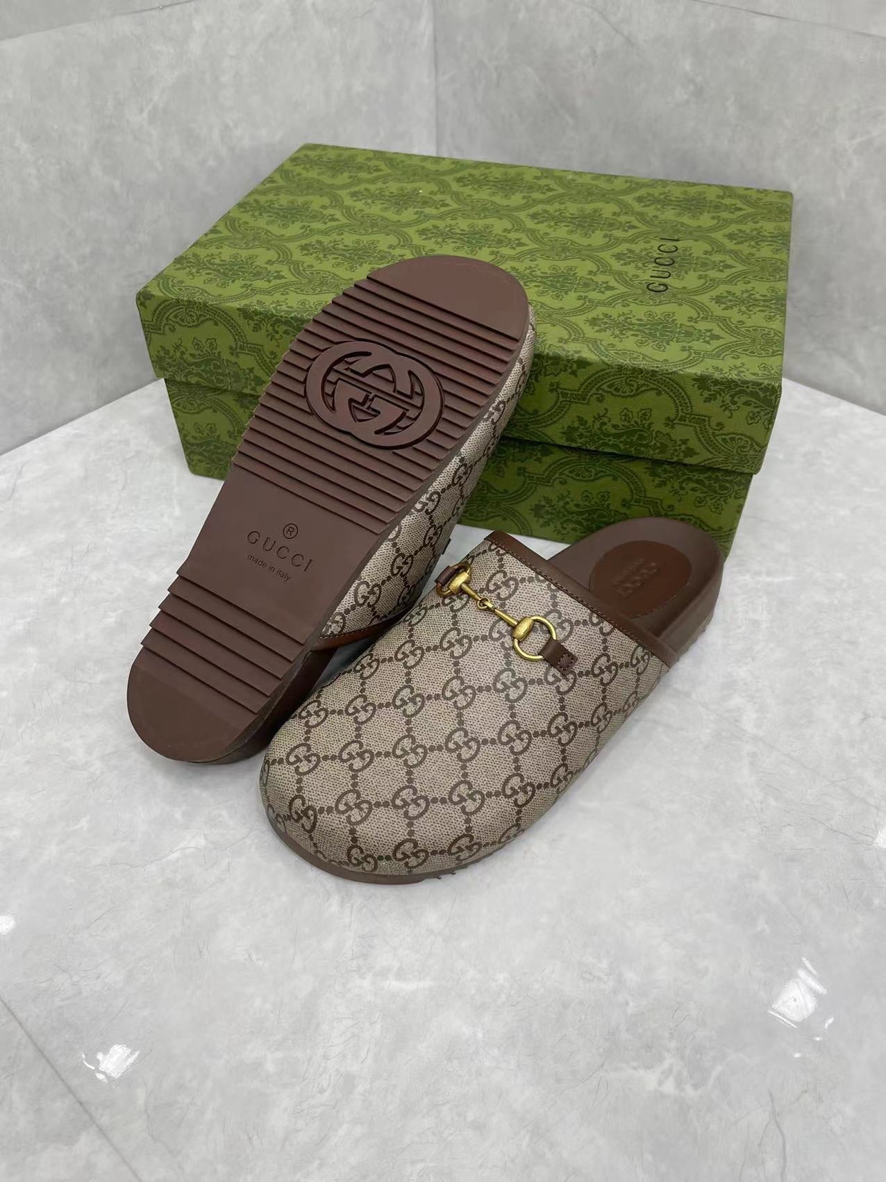 GC 25 Gold Horsebit Mule Beige Ebony Monogram Canvas