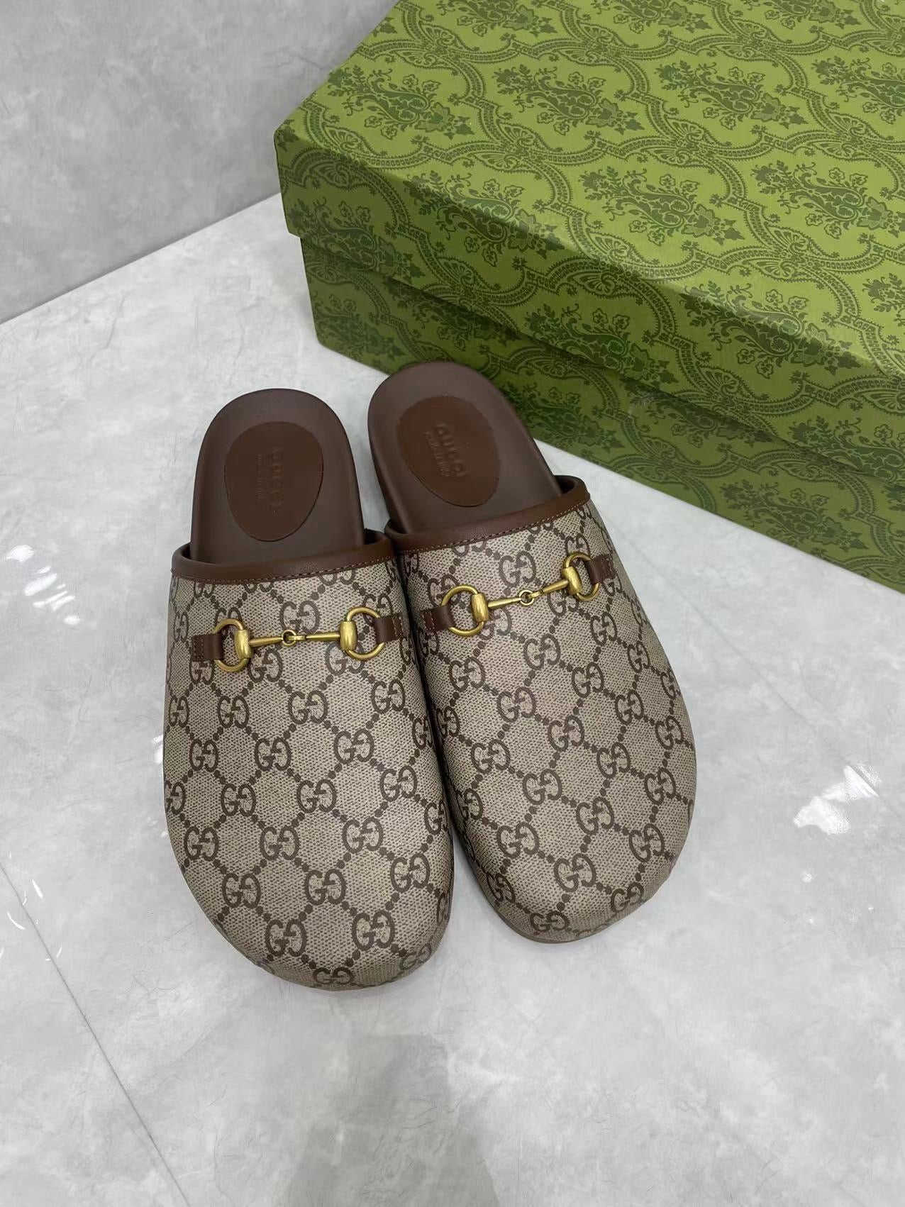 GC 25 Gold Horsebit Mule Beige Ebony Monogram Canvas