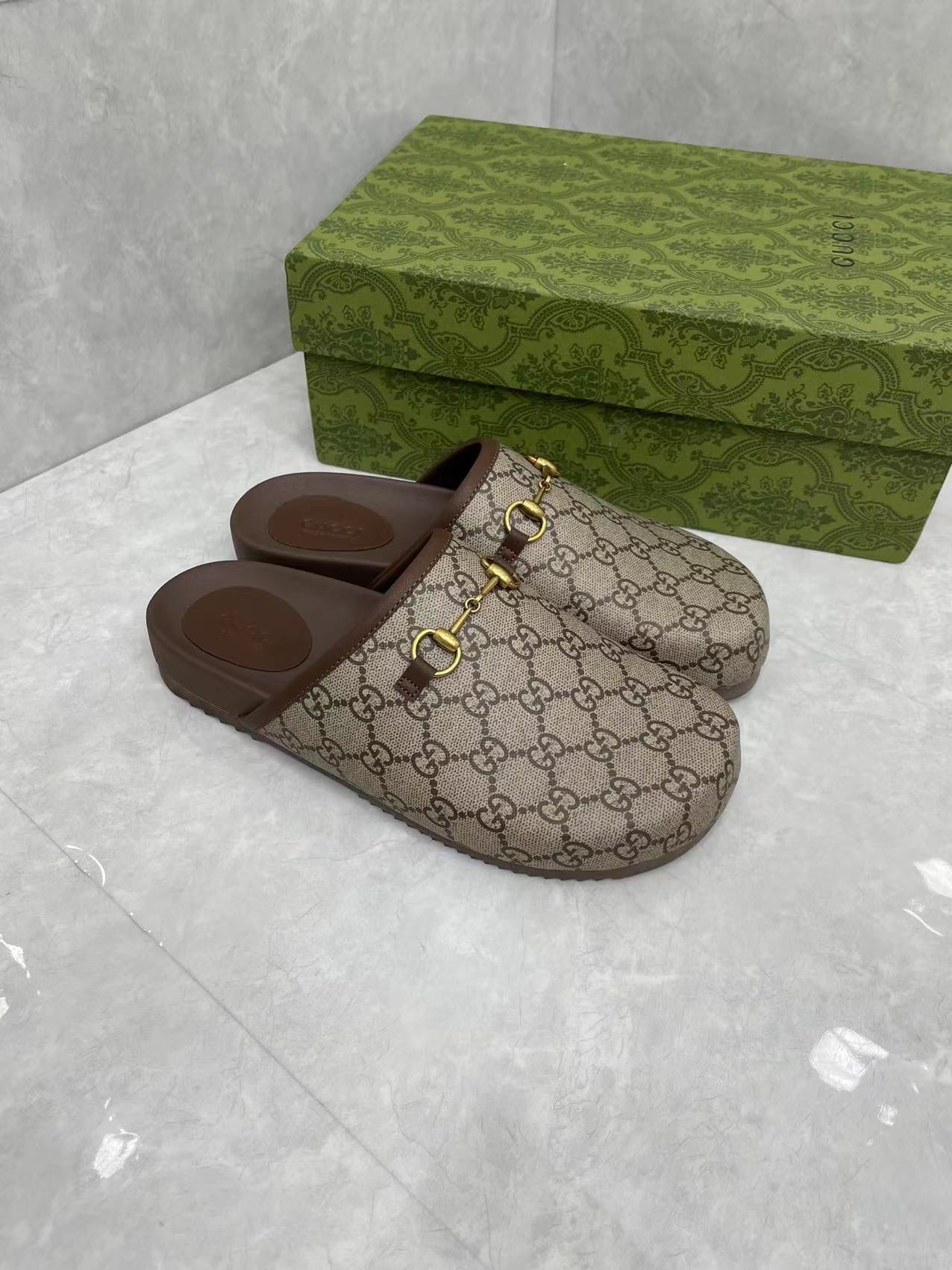 GC 25 Gold Horsebit Mule Beige Ebony Monogram Canvas