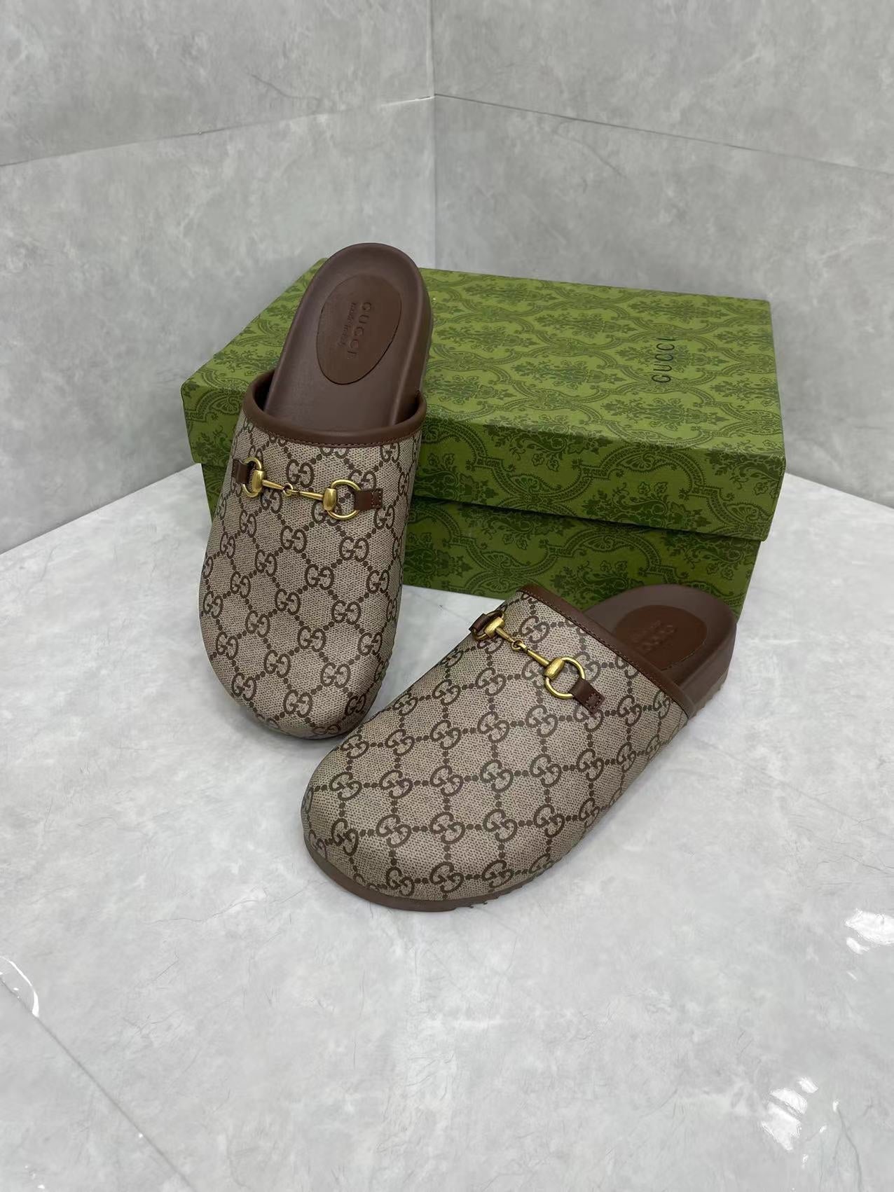 GC 25 Gold Horsebit Mule Beige Ebony Monogram Canvas