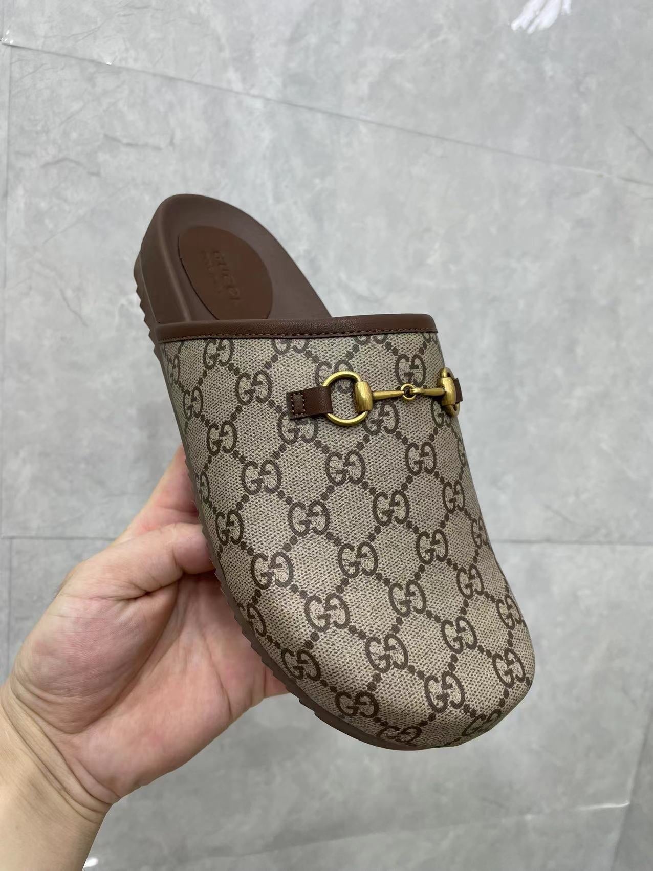GC 25 Gold Horsebit Mule Beige Ebony Monogram Canvas