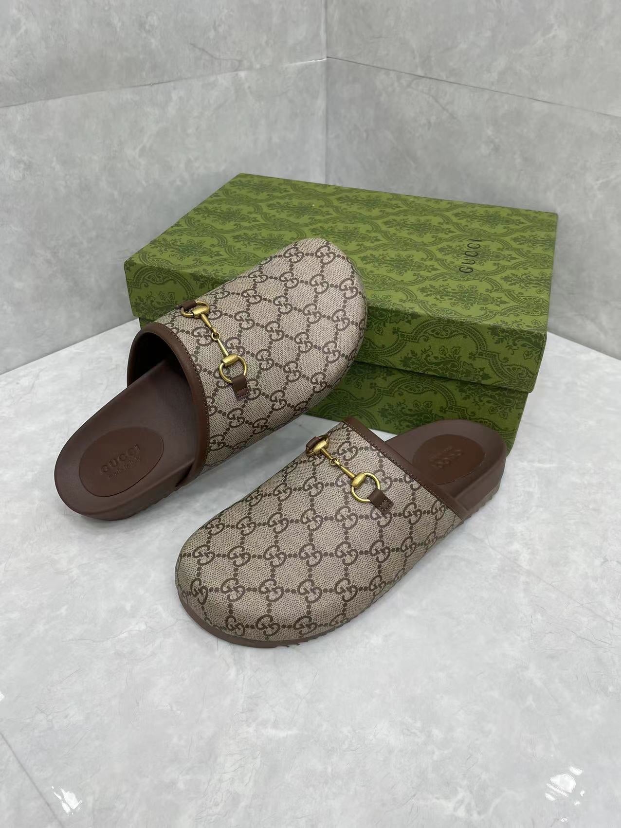 GC 25 Gold Horsebit Mule Beige Ebony Monogram Canvas