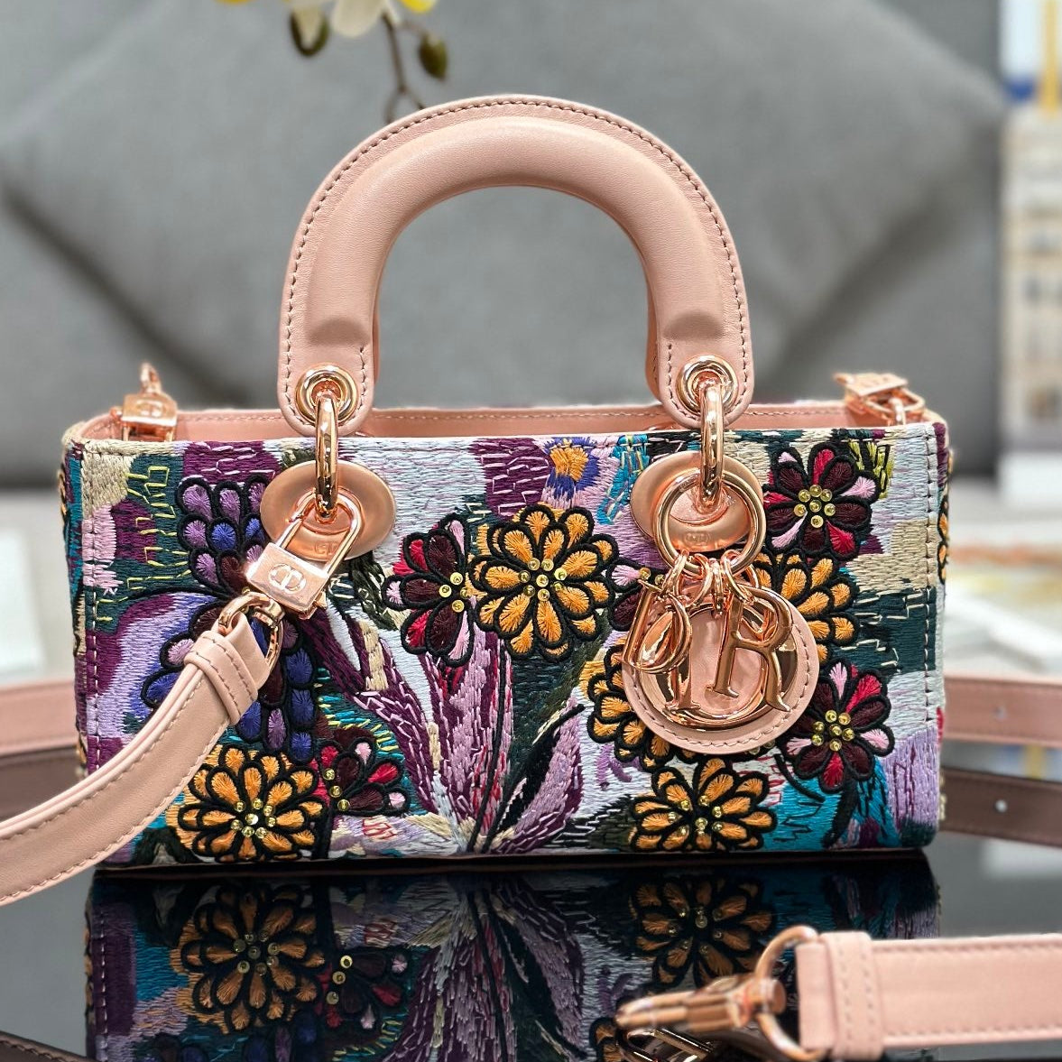 Dior 2026 Embroidered Floral Bag 22cm Pink Mix Colors Fabric Leather 158576