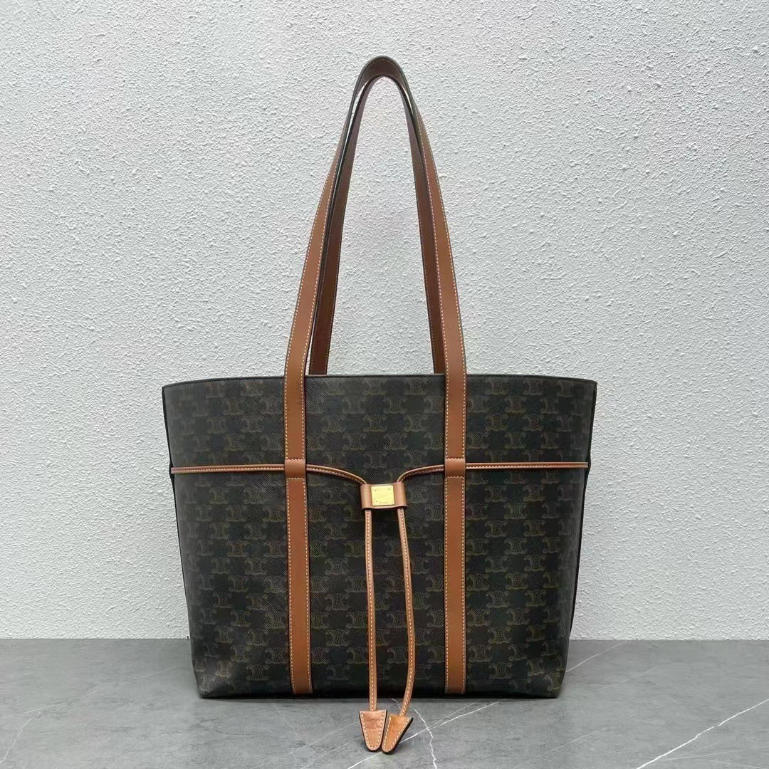 Celine 2026 Cabas Drawstring 45cm Black Brown Canvas Leather