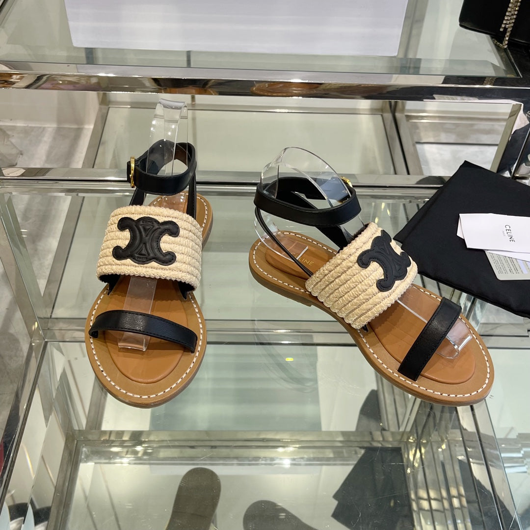 LYMPIAR FLAT STRAP SANDAL IN RAFFIA CALFSKIN