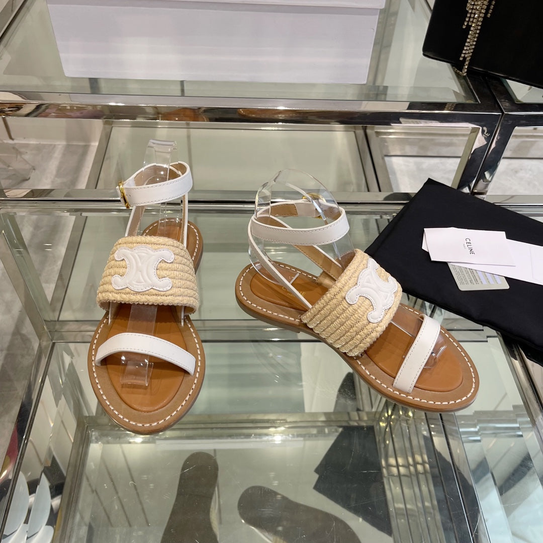 LYMPIAR FLAT STRAP SANDAL IN RAFFIA CALFSKIN