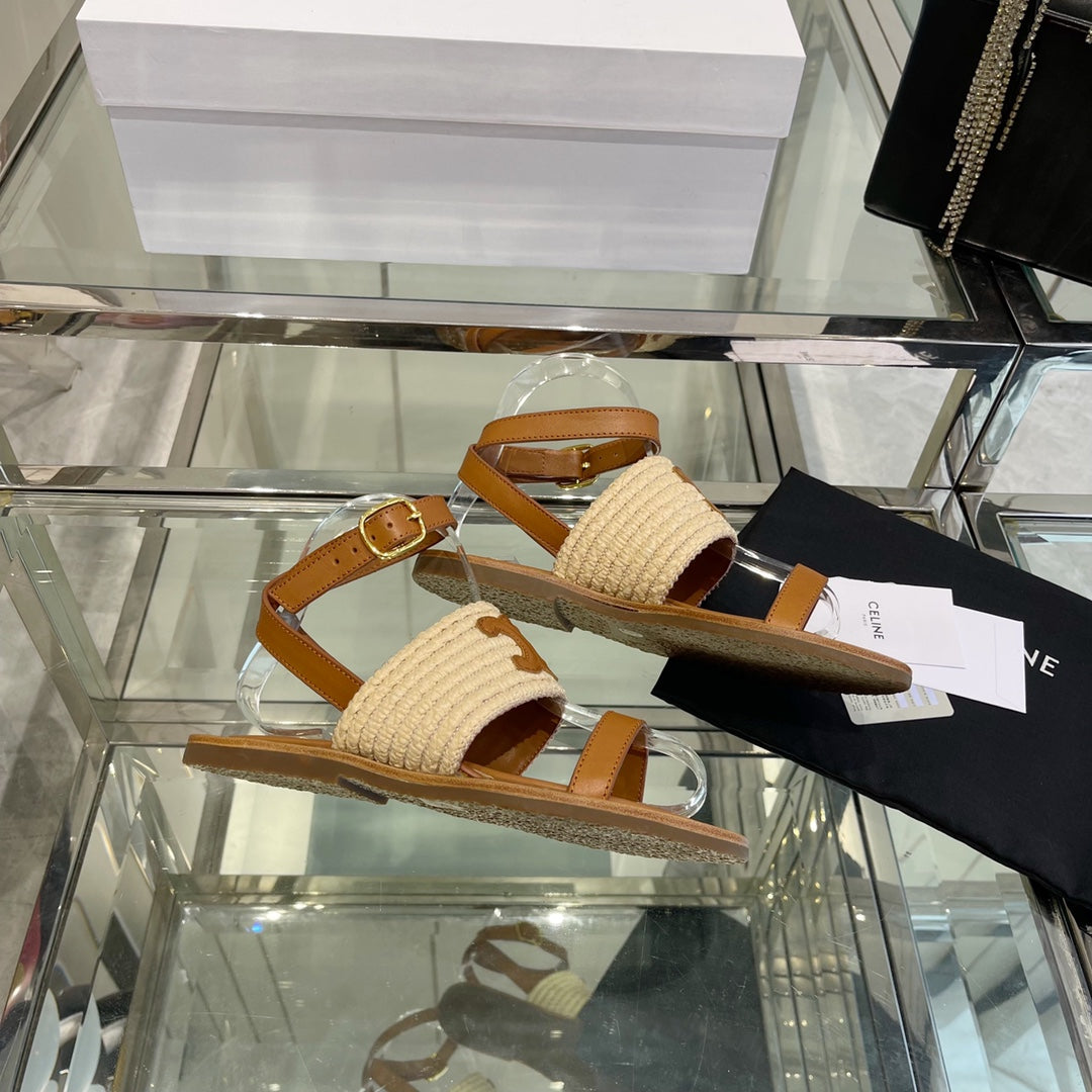 LYMPIAR FLAT STRAP SANDAL IN RAFFIA CALFSKIN