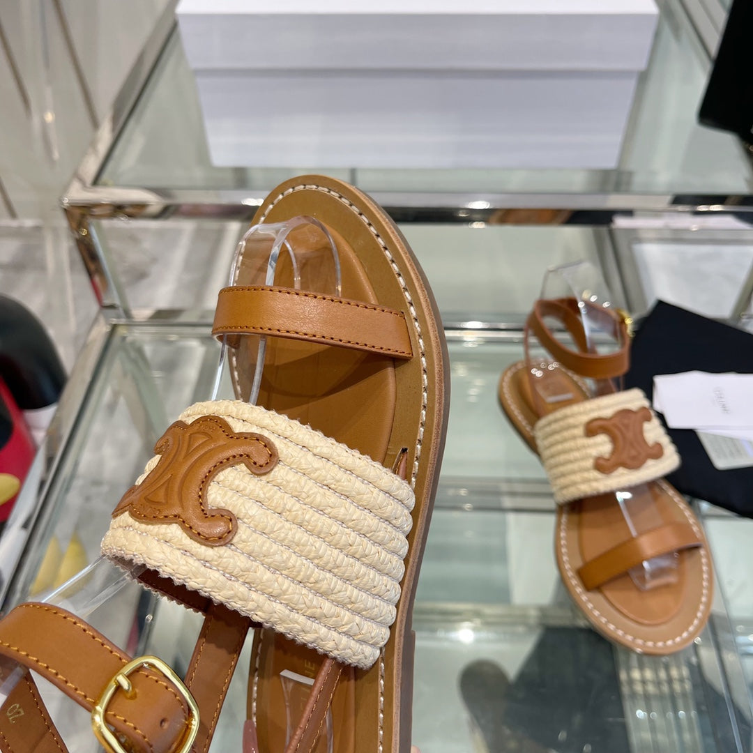 LYMPIAR FLAT STRAP SANDAL IN RAFFIA CALFSKIN