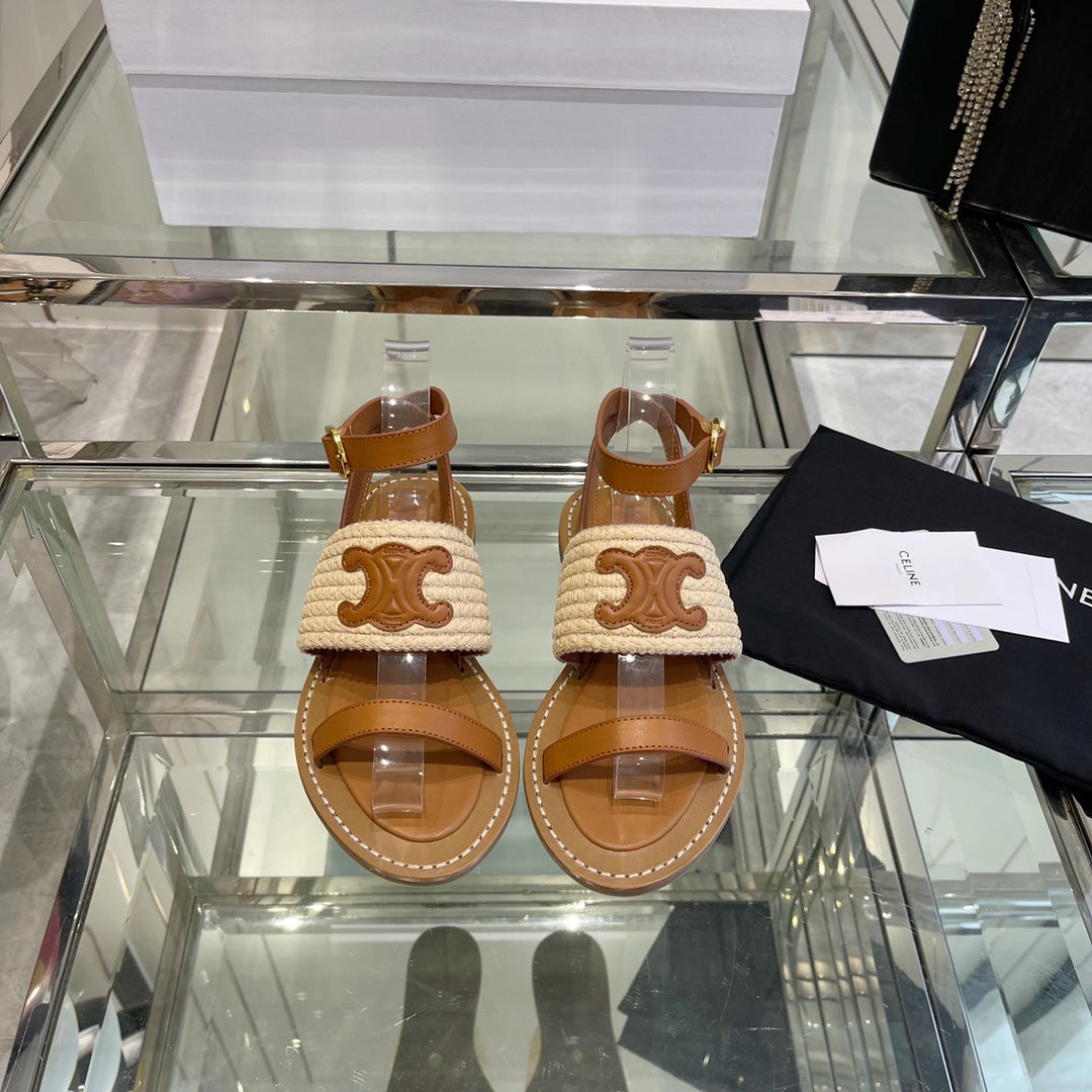 LYMPIAR FLAT STRAP SANDAL IN RAFFIA CALFSKIN