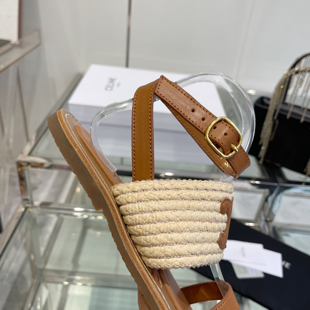 LYMPIAR FLAT STRAP SANDAL IN RAFFIA CALFSKIN