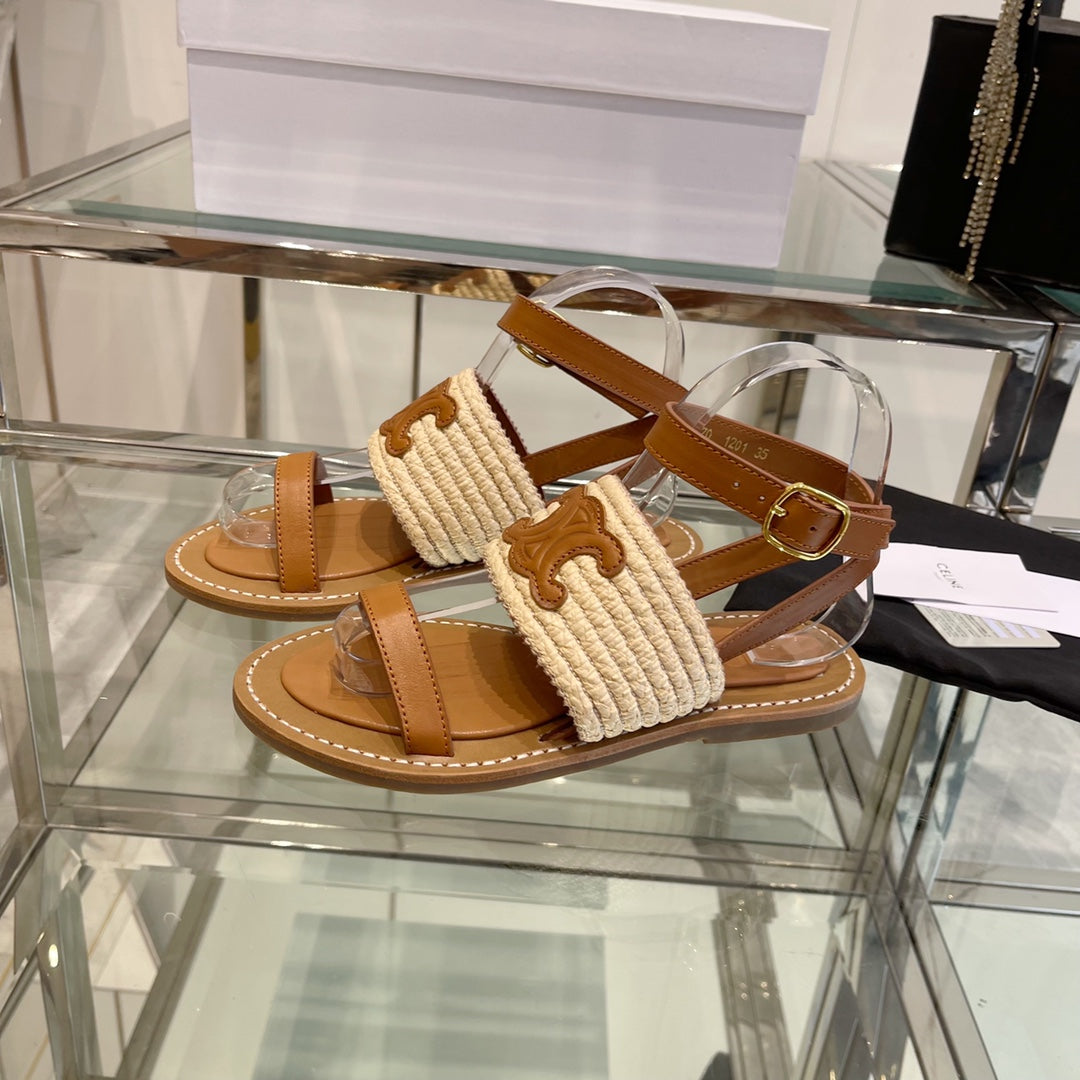LYMPIAR FLAT STRAP SANDAL IN RAFFIA CALFSKIN