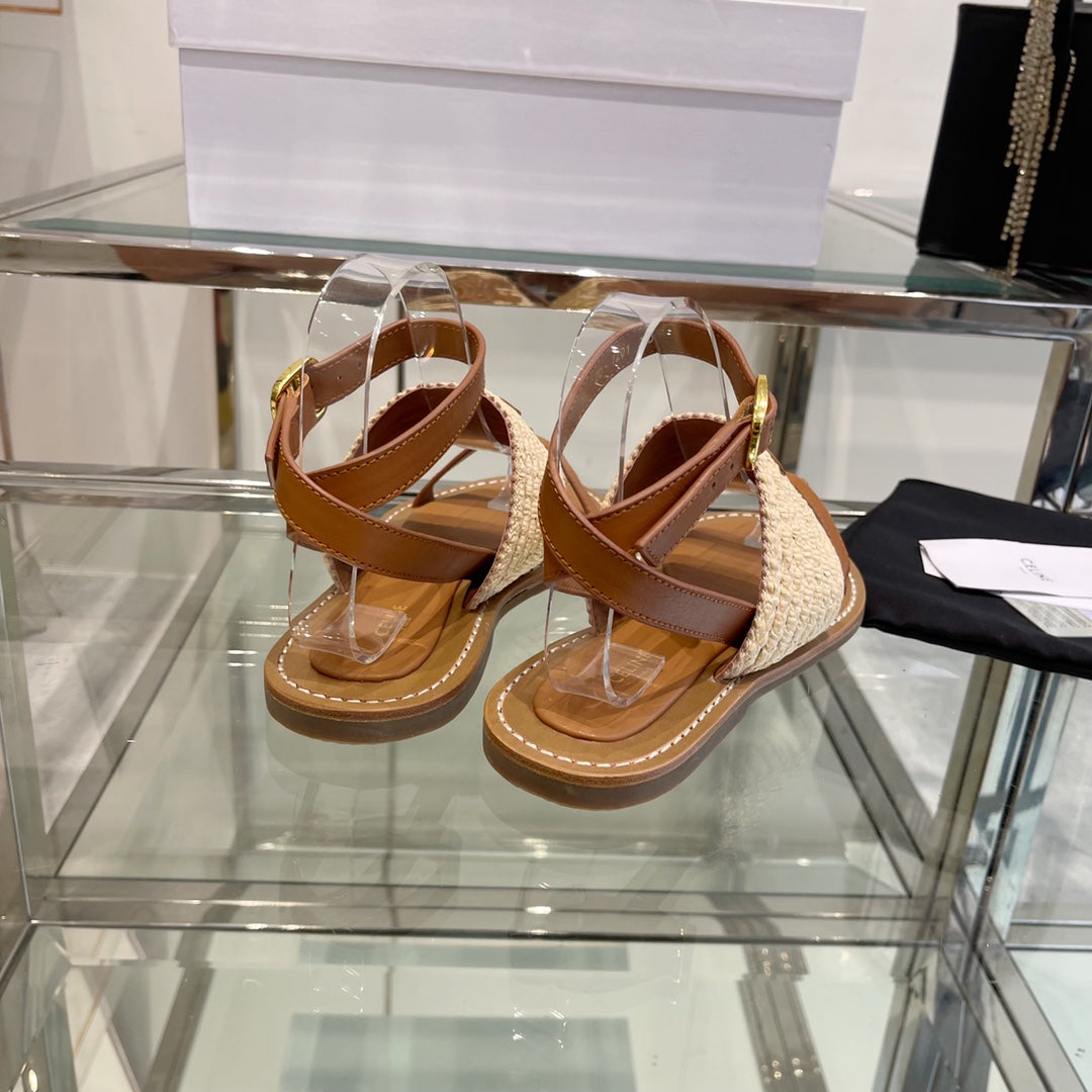 LYMPIAR FLAT STRAP SANDAL IN RAFFIA CALFSKIN
